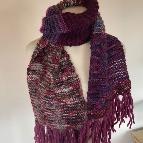 HAND CRAFTED Luxury yarn chunky knit scarf multi color wool plum orange fringe - Picture 2 of 16